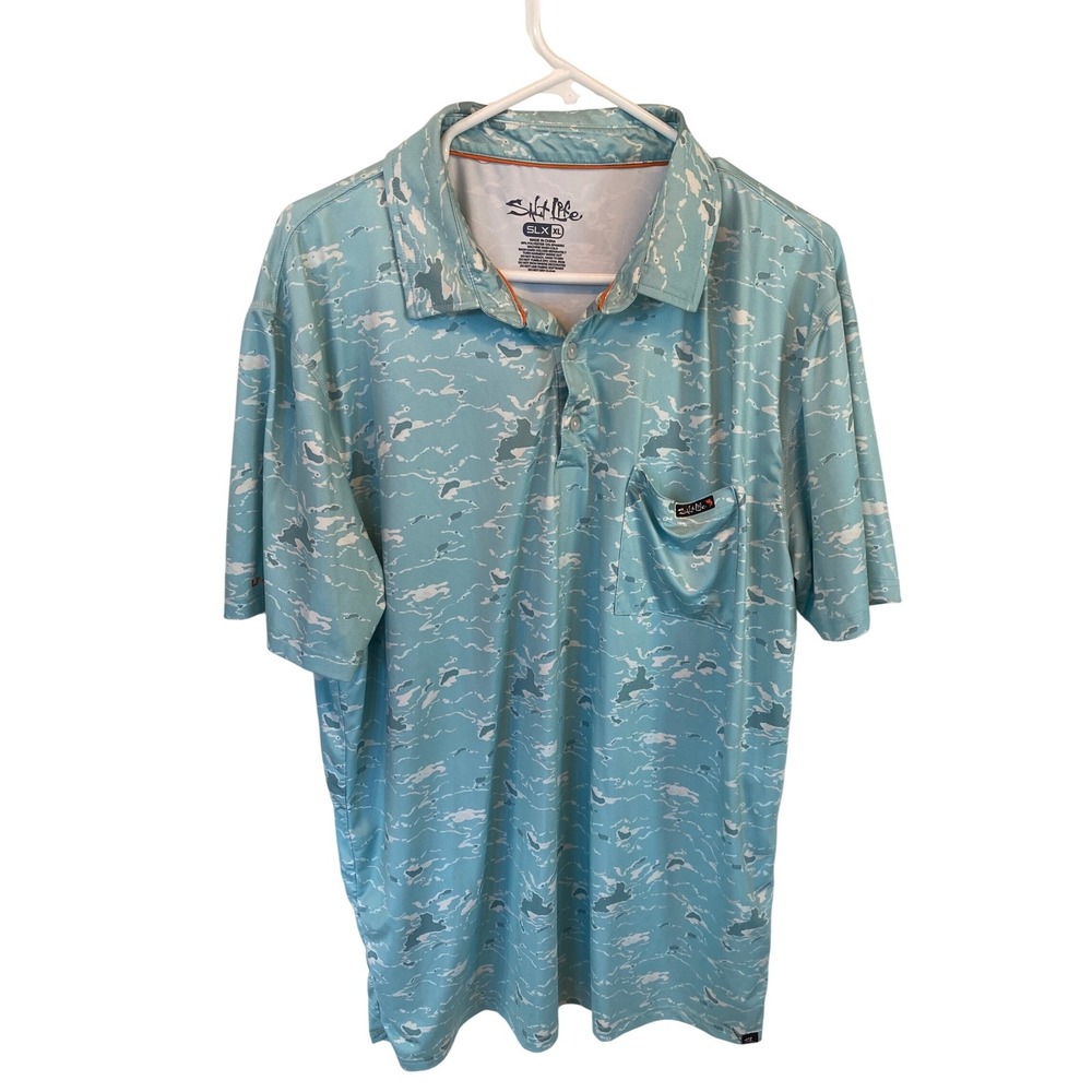 Salt Life Mens Camo Print Teal Performance Polo Shirt‎ Size XL Stretch SPF EUC